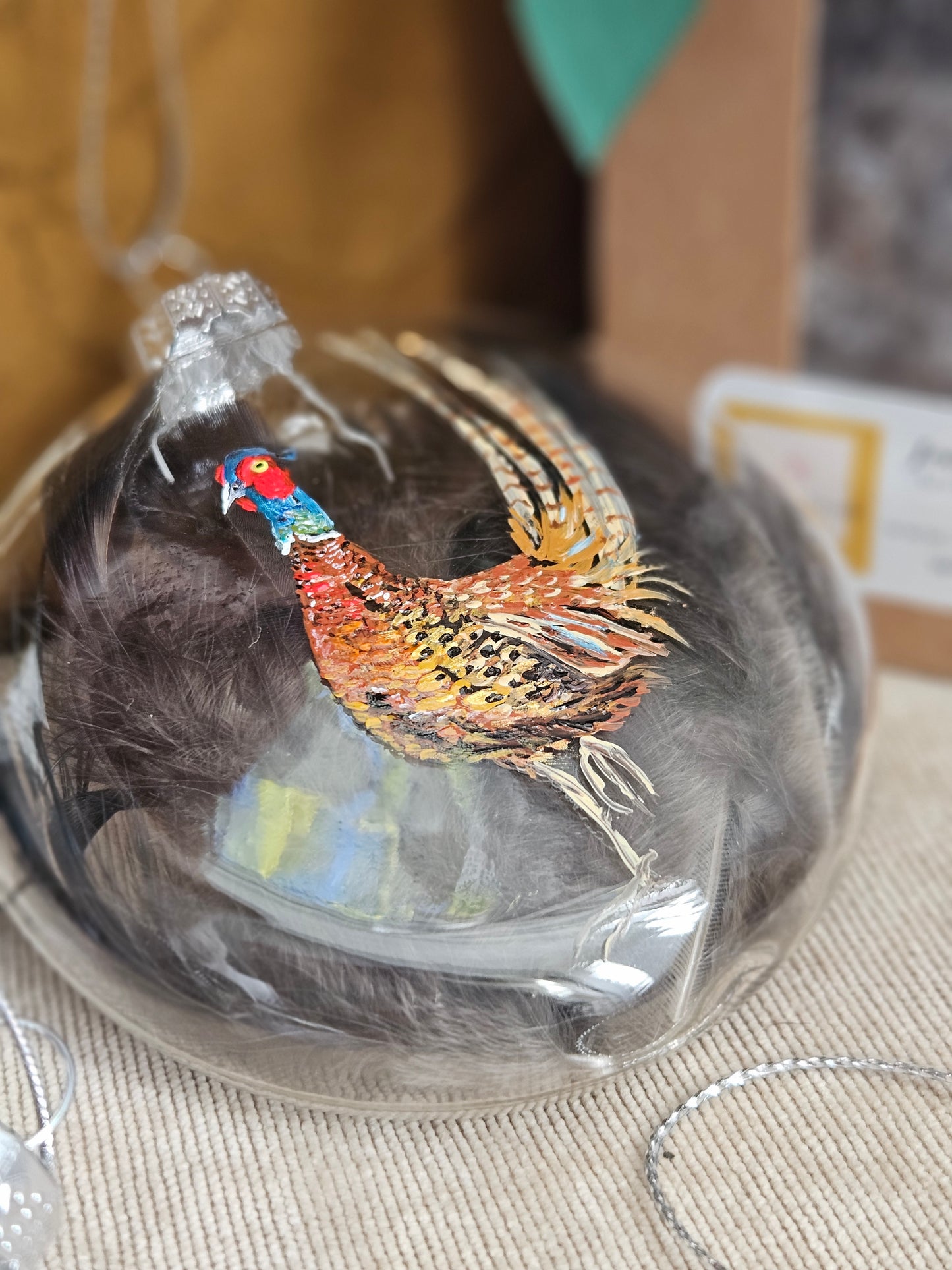 Hand Painted Pheasant Glass Bauble with Pheasant feathers