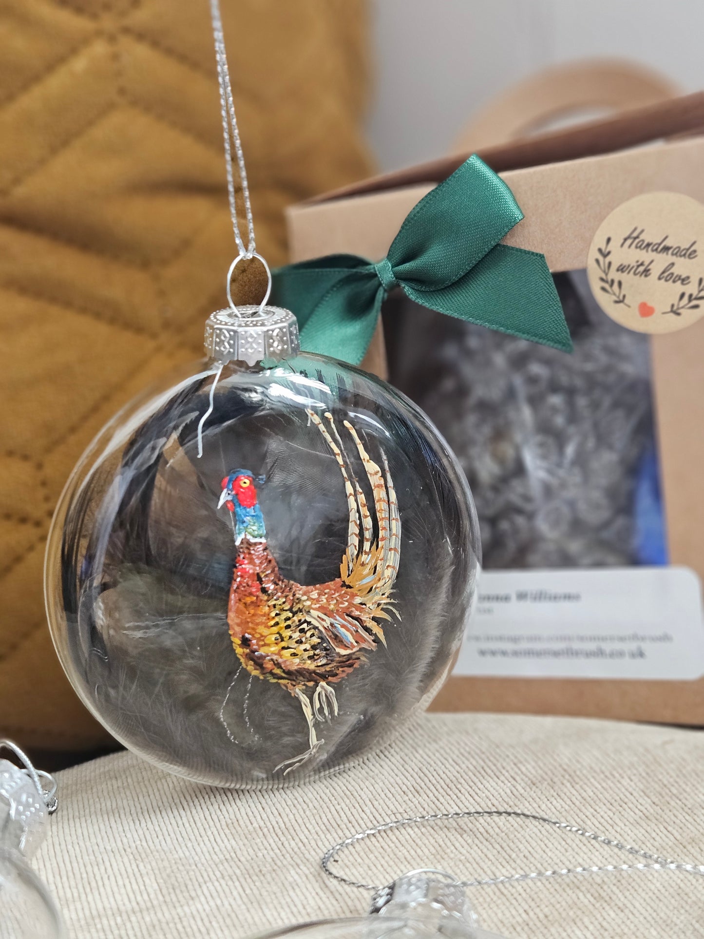 Hand Painted Pheasant Glass Bauble with Pheasant feathers